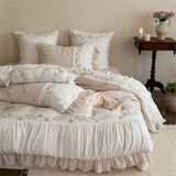 Qfdian  Flowers Embroidery Pleated Ruffles Bedding Set Double Layer Crepe Yarn 100% Cotton Duvet Cover Flat Sheet Pillowcase 4Pcs