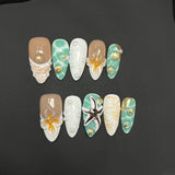 Qfdian  10pcs Handmade Press on Nails Ocean Starfish Shell Design Fake Nail Tips Wearable Reusable 3D Flower French Almond  False Nails