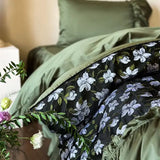 Qfdian  Egyptian Cotton Bedding Set French Vintage Green Floral Print Ruffles Duvet Cover Flat Bed Sheet Pillowcases 4Pcs