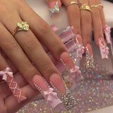 Qfdian 24Pcs Extra Long Square Fake Nail with Glue 3D Little Bear Bow Design False Nails White French Press on Nails Wearable Manicure