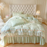 Qfdian 4Pcs Pure Cotton French Flowers Lace Ruffles Princess Wedding Bedding Set Duvet Cover Quilted Bedspread Bed Skirt Pillowcases