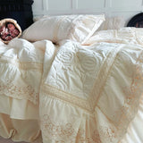 Qfdian  Rose Embossing Quilted Duvet Cover Set Vintage Lace Ruffles Pure Cotton Bedding Set Bed Sheet Pillowcases