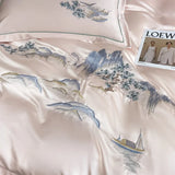 Qfdian 4Pcs New Chinese Style Landscape Embroidery Luxury Bedding Set Silky Duvet Cover Set Soft Quilt Cover Set Bed Sheet Pillowcases