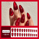 Qfdian  24pcs Glossy Red Cat's Eye Press On Nails Full Cover Nude Color Wearable Almond False Nails Charms Detachable Fake Nail For Girl