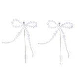 Qfdian  Luxury high-end bow long imitation pearl swinging earrings, elegant party wedding earrings, fashionable accessories, gifts