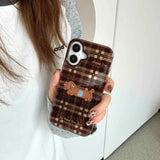Qfdian Autume brown check stripes fundas for iphone 13pro 15promax 16pro 14pro 13 16 15 pro max 12 14 embroidery puppy ins phone case