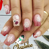 Qfdian  24pcs Merry Christmas Press On Nails Glitter Blue Short Square False Nail With Snowflake Designs French Fake Nail For Women