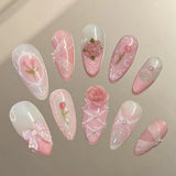 Qfdian  24pcs Press on Fake Nails Set Almond Wearable Simple French Flower False Nail Art Gold Beads Design Diamond Manicure Tips