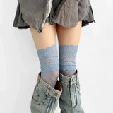 Qfdian 2025 Women Flower Lace Fishnet Thigh High Stockings Japanese Style JK Girl Sweet Lace Trim Frilly Over Knee Long Socks