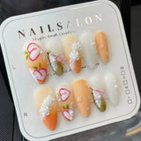 Qfdian  10pcs Sweet Short Oval Fake Nail Patches Hand-painted 3D Pink Strawberry Flower Press On Nails Spring Summer Fresh Handmade Nail