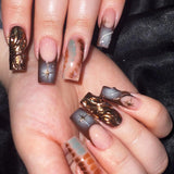 Qfdian  24Pcs Long Coffin False Nails Pink French Flowers Design Fake Nail with Butterfly Rhinestone Wearable Ballet Press on Nails