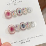 Qfdian  10Pcs Short Squoval False Nails with Mysterious Devil Eye Star Press on Nails Glitter Cat Eye Handmade Fake Nails Ins Spicy Girl