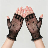 Qfdian  Summer sun protection half-finger lace gloves for women driving and riding ice silk thin breathable mesh elegant fingerless