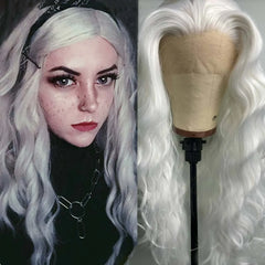 Qfdian 13X4 White Curly Wig Synthetic Lace Front Wig Natural Long White Blonde Colored Hair Lace Frontal Wigs for Women Party Cosplay