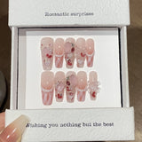 Qfdian  10Pcs Pink Coffin Handmade Press On Nails Moon Stars False Nails Sweet Bow Diamond Design Full Cover Ballet Fake Nails Press On