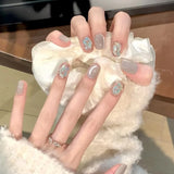 Qfdian  10Pcs French Pearls Press on Nails Short Square Fake Nails Pink Heart Star False Nails Cat Eye Glitter Diamond Acrylic Nail Art