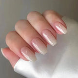 Qfdian 24Pcs Gradient Short Ballet Nails Set with Glue White Simple False Nails Coffin Fake Nail Press on Nails Full Cover Nail Tips