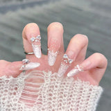 Qfdian  10pcs Dreamy French Fake Nails Pink Noble False Nails Cute Bowknot Press on Nail Shiny Diamond Pearl Nails Press Ons Long Almond