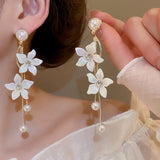 Qfdian  Flower pearl tassel earrings, elegant and sweet earrings, gentle and elegant earrings
