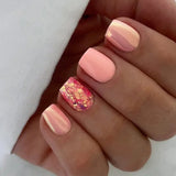 Qfdian 24Pcs Simple False Nails with Glue Short Almond Fake Nails Glitter Aurora Round Head Full Cover Nail Tips Oval Press on Nails