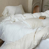 Qfdian  Vintage Lace French Princess Bedding Set 100% Cotton Double Yarn Soft Duvet Cover Flat Bed Sheet Large Ruffles Pillowcase