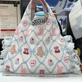 Qfdian Japanese Patchwork Lace Sweet Shoulder Underarm Bag Cartoon Kawaii Cute Bear Print Canvas Bags Y2k Fashion Purses and Handbags