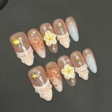 Qfdian  10pcs Handmade Press on Nails Ocean Starfish Shell Design Fake Nail Tips Wearable Reusable 3D Flower French Almond  False Nails