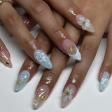Qfdian 24pcs French Press on Nails Art Simple Pink Flower Star Design False Nail Tips Finished Mid-length Almond Fake Nail Set Manicure