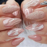 Qfdian 24Pcs Short Round Head False Nails Glitter Pink Almond Fake Nails Strawberry Full Cover Press on Nails Wearable Nail Tips