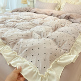 Qfdian  Korean Ruffle Polka Dot Duvet Cover Set for Girls Cute Soft Washed Cotton Bedding Set with Pillowcases Sheet Queen Size