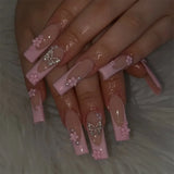 Qfdian 24Pcs French Fake Nails with Glue Long Square False Nails Flower Rhinestone Design Press on Nails Wearable Coffin Nail Tips