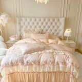 Qfdian 4Pcs Pure Cotton French Flowers Lace Ruffles Princess Wedding Bedding Set Duvet Cover Quilted Bedspread Bed Skirt Pillowcases