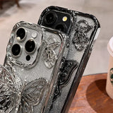 Qfdian Glitter Butterfly Gradient Stand Case for iPhone 15 16 14 12 13 Pro Max 14Pro Bracket Transparent Plating Soft Silicone Cover