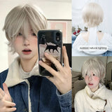 Qfdian 12Inch Light Blonde Japanese Style Synthetic Wig With Bang Short Natural Straight Hair For Man or Women Daily Use Heat Resistant