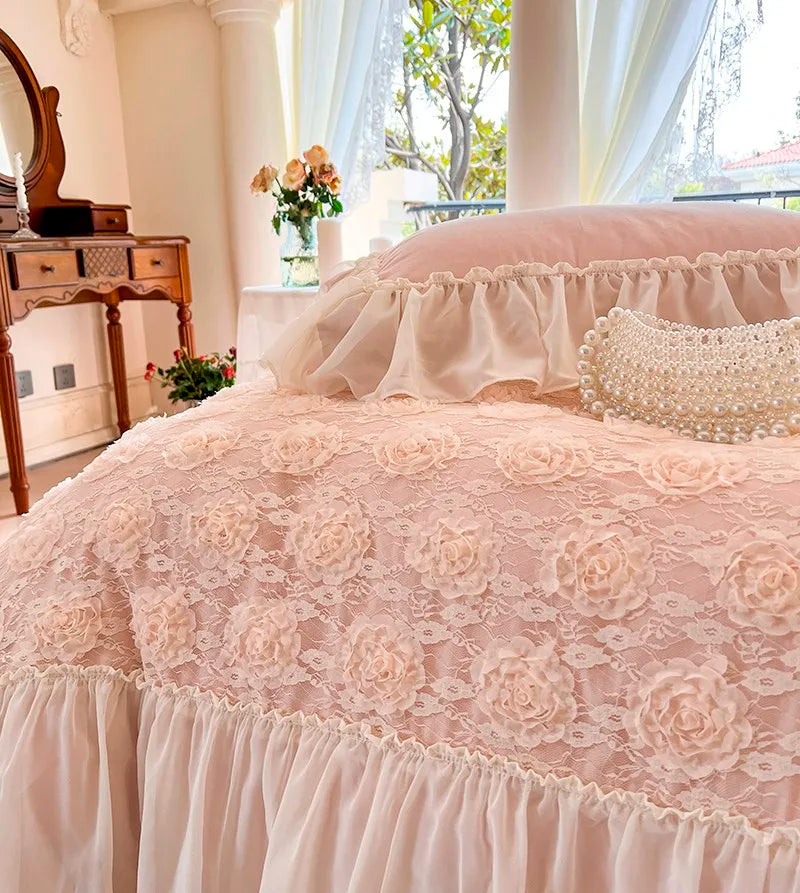 Waterfall Ruffle Lace Duvet Cover set 100%Cotton French Lace Rose Chic Wedding Princess Bedding set with Bed Sheet 2Pillowcases