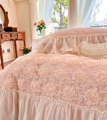 Waterfall Ruffle Lace Duvet Cover set 100%Cotton French Lace Rose Chic Wedding Princess Bedding set with Bed Sheet 2Pillowcases