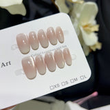 Qfdian  10pcs Nude Pink Gradient Press on Nails Glossy Crystal Cat Eye Nail Gentle Rhinestone False Nails Cream French Almond Fake Nails