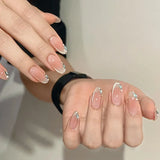 Qfdian  10Ppcs Minimalist French Stick on Nails Gradient Crystal Cat Eye Fake Nails Nude Rhinestone False Nail Short Oval Press on Nails