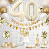 Qfdian  Sand White Gold Beige 40th Birthday Party Decorations 40th Birthday Balloons Happy 40th Birthday Banner Cake Toppers 40 Balloons