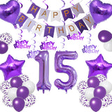 Qfdian  Purple White Foil Birthday Number Decorations Happy Birthday Banner Purple Happy Birthday Swirls Foil Heart Star Latex Balloons