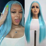 Qfdian Blue Wig Long Straight Synthetic Lace Front Wig Glueless Ready to Wear Cosplay Party Light Blue Hair Lace Frontal Wigs for Women