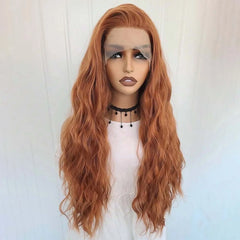 Qfdian 13X4 Ginger Orange Long Curly Synthetic Lace Front Wig Natural Wavy Auburn Brown Colored Hair Lace Frontal Wig for Women Party