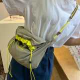 Qfdian Korean Style Solid Color Drawstring Bucket Bag Wrinkle Nylon Crossbody with Large Capacity And Adjustable Shoulder Strap