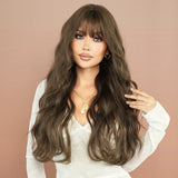 Qfdian  Long Curly Light Brown Wig For Women Daily Use High Density Layered Middle Part Hair Wigs Synthetic Wig With Fluffy Wig