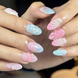 Qfdian  24pcs Aurora Pink Blue Fake Nail Tips 3D Seashells Pattern French Style Almond False Nails Women Girls Romantic Press On Nail