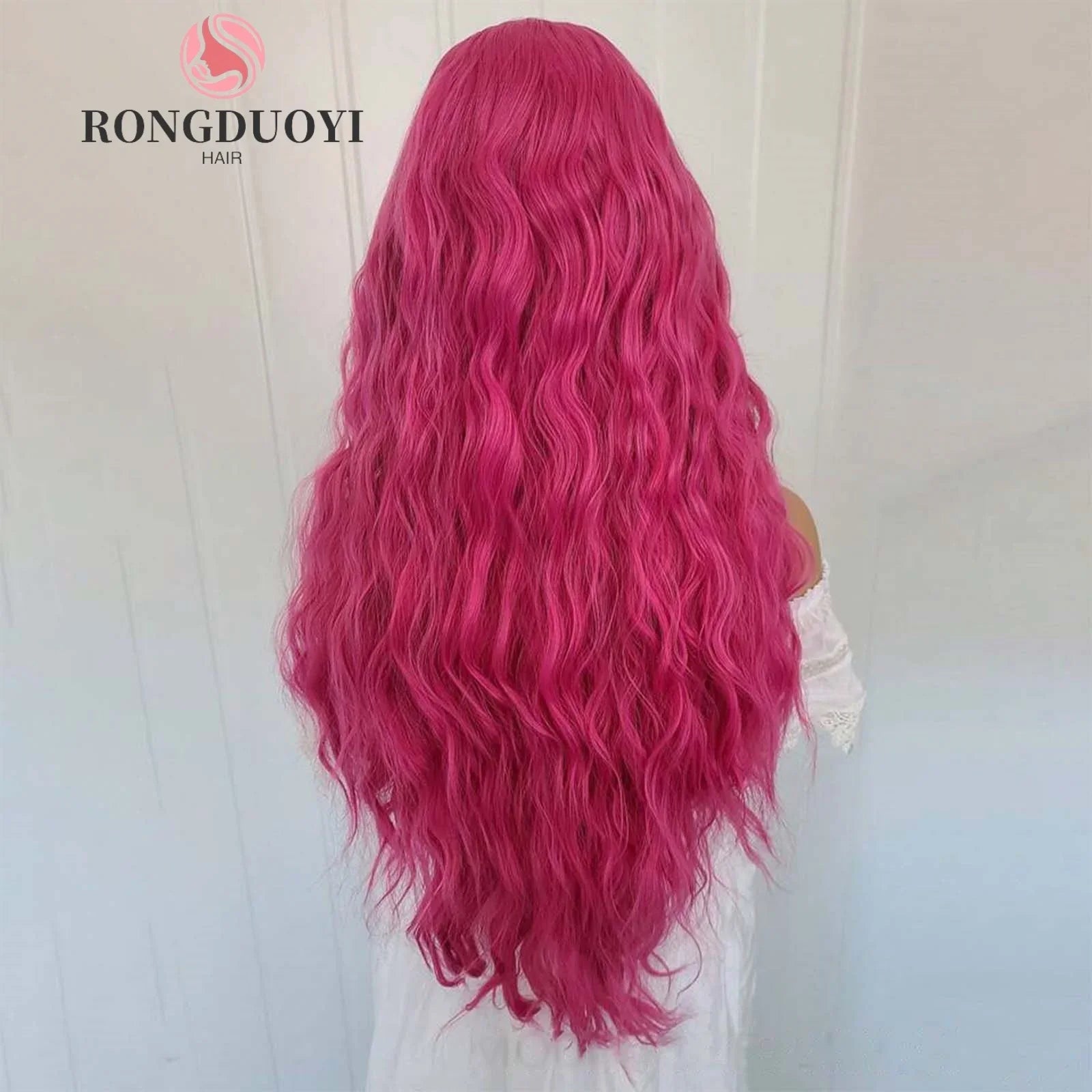 Qfdian 13X4 Rose Red Curly Wig Synthetic Lace Front Wig Natural Wavy Long Hot Pink Colored Hair Lace Frontal Wigs for Women Party Daily