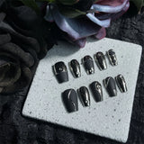 Qfdian 10Pcs Black Handmade Press on Nails Coffin Fake Nails Full Cover Gradient Metal Cool Artificial False Wearable Nail Tips Girl