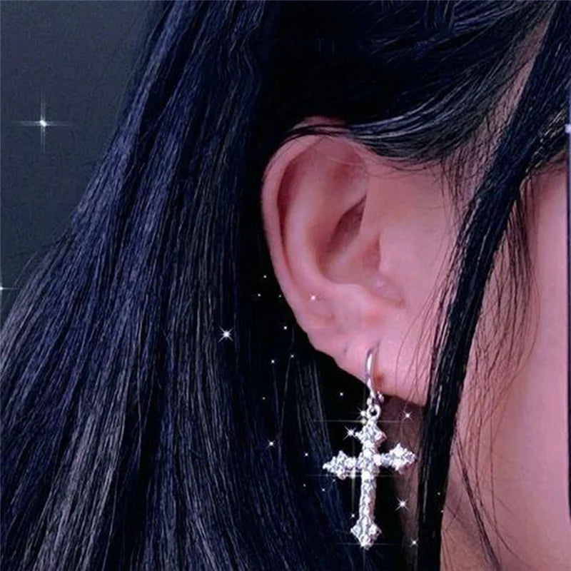 Cool Pink Rhinestone Zircon Cross Earrings For Women Korean Fashion Earring Daily Birthday Party Jewelry Gifts