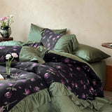 Qfdian 1000TC Egyptian Cotton Vintage Rose Prints Pleated Ruffles Purple Bedding Set Duvet Cover Flat/Fitted Bed Sheet Pillowcases 4Pcs
