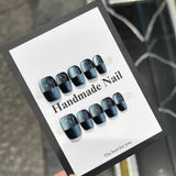Qfdian  10pcs Aurora Chrome Press on Nails Short Square Solid Color Fake Nails with Geometric False Nails Glitter Blue Cat Eye Nail Art